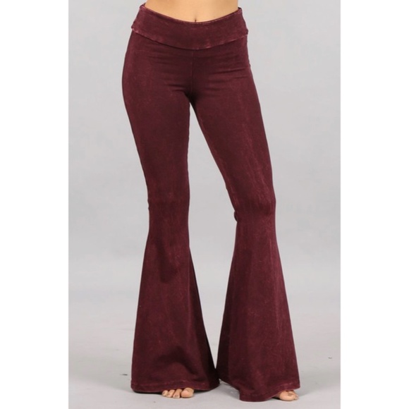 Burgundy Mineral Wash French Terry Flared Bell Bottom Pull On Pants w/ Pockets - Picture 3 of 5